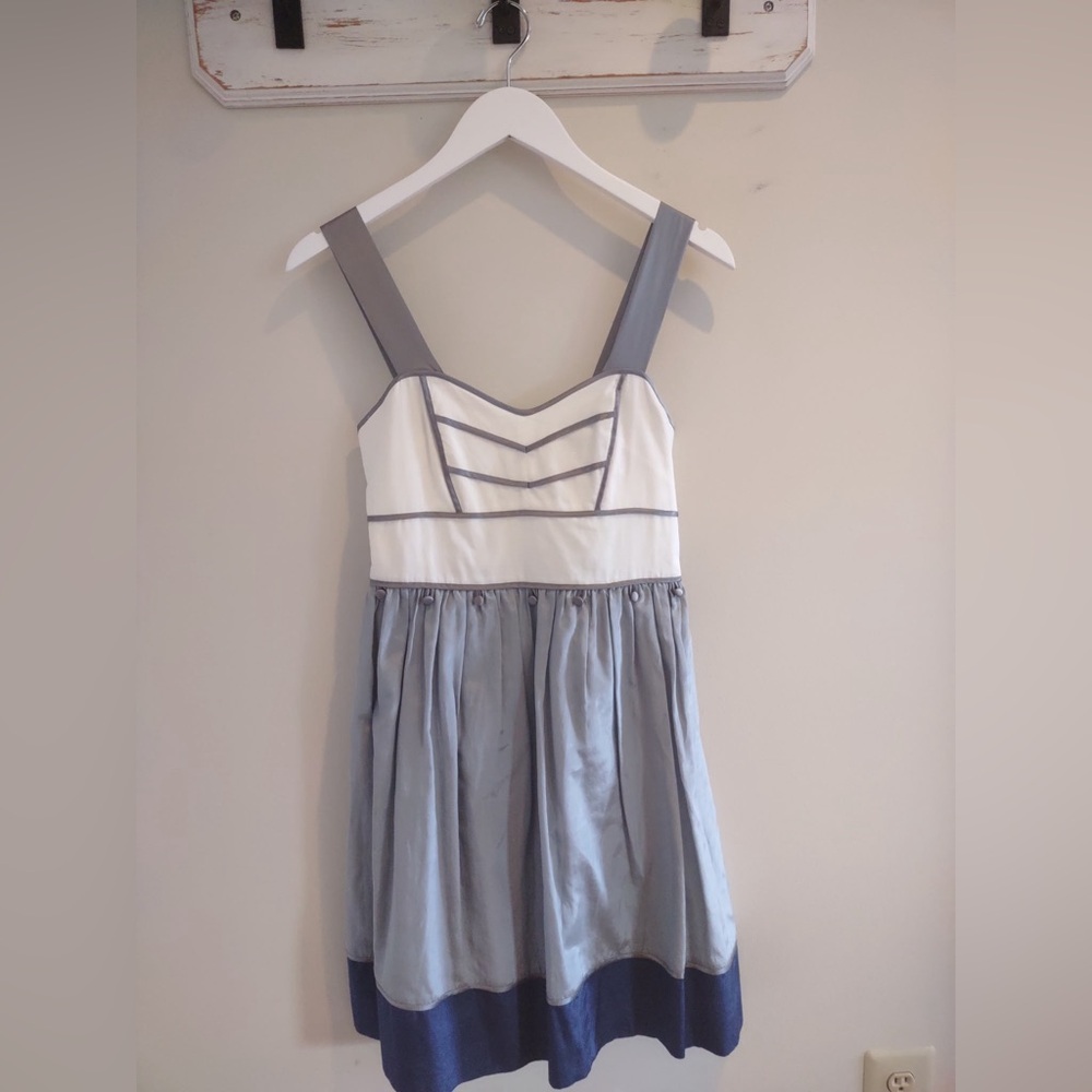 Anthropologie - Silk Blend Blue, Grey and White Midi Dress - 6